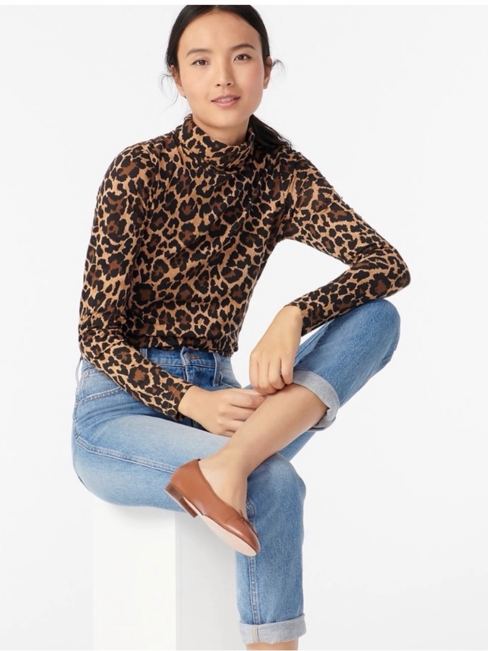NWT J. Crew Camel and Black Leopard Tissue Turtleneck Size S